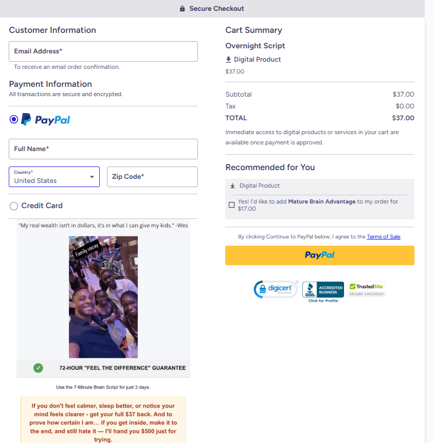 The Overnight Script checkout page 